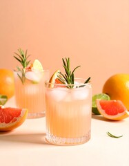 Refreshing grapefruit cocktail in a textured glass with rosemary, lime, and grapefruit slice, set against a soft peach background with scattered citrus fruits.