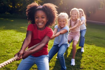 Smiling girls play a spirited game of tug of war on a sunny day