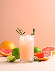 Refreshing grapefruit cocktail in a textured glass with rosemary, lime, and grapefruit slice, set against a soft peach background with scattered citrus fruits.