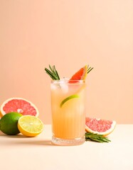 Refreshing grapefruit cocktail in a textured glass with rosemary, lime, and grapefruit slice, set against a soft peach background with scattered citrus fruits.