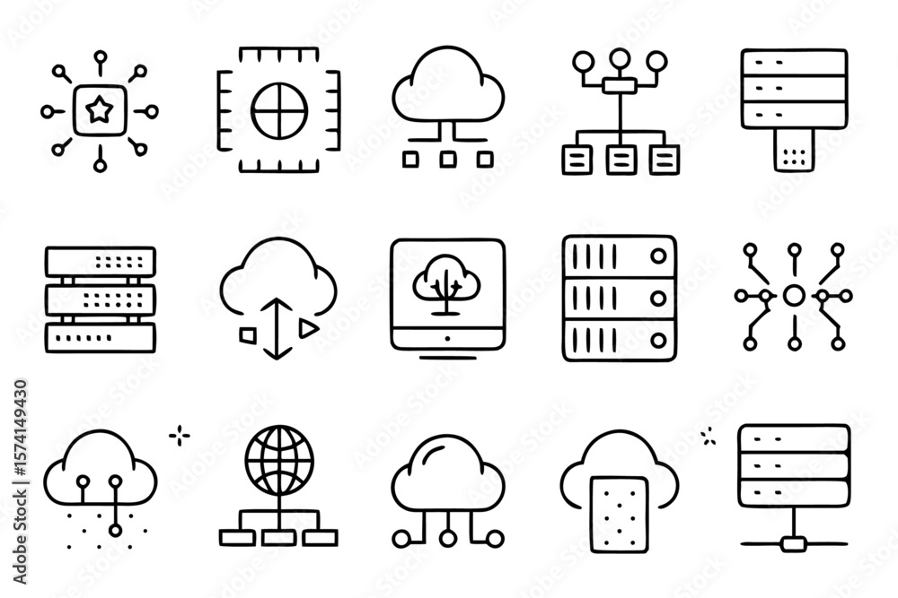 Poster comprehensive collection of data center symbols featuring essential infrastructure and technology el