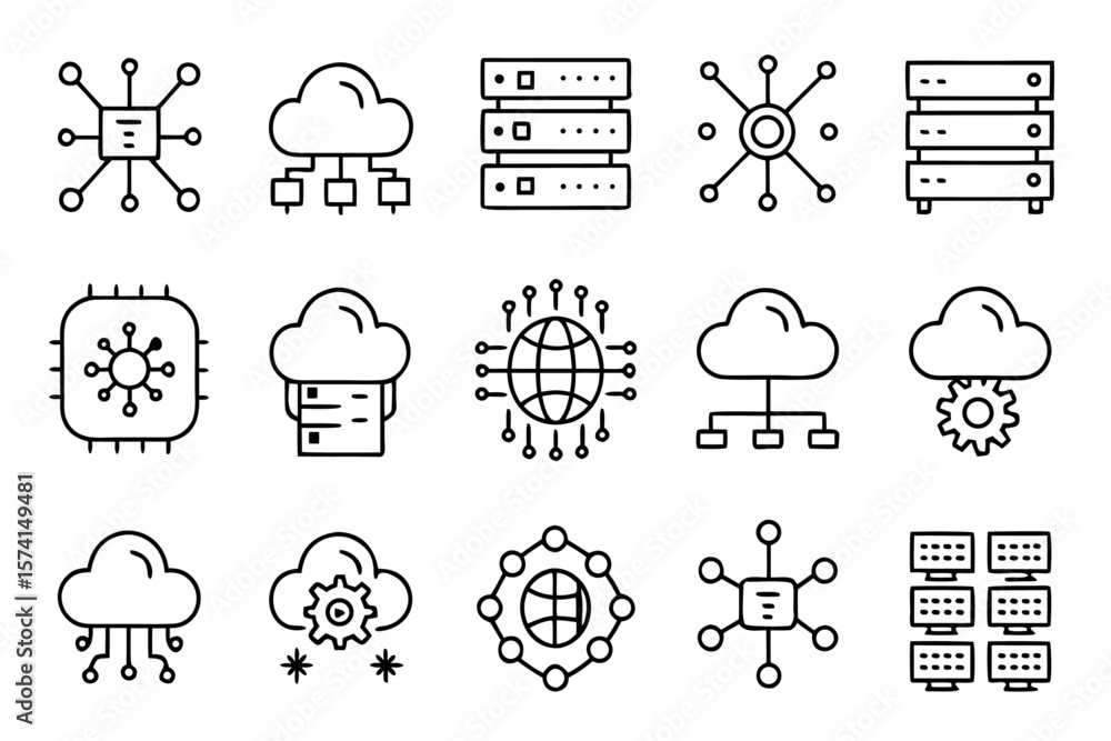 Poster comprehensive collection of essential data center symbols and graphics showcasing server racks cloud
