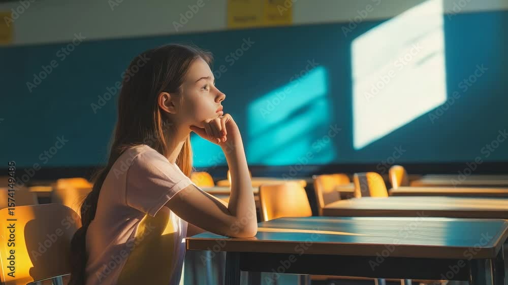 Poster teenage student is contemplating while sitting alone at a desk in an empty classroom, illuminated by