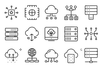 Comprehensive collection of data center symbols featuring essential infrastructure and technology elements for digital operations and network management presented in a versatile graphic format