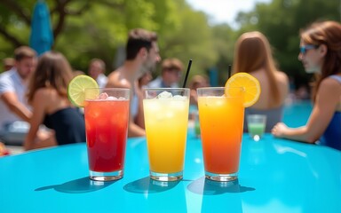 Refreshing cocktails on a bright blue surface during a summer gathering in a vibrant outdoor setting. High quality