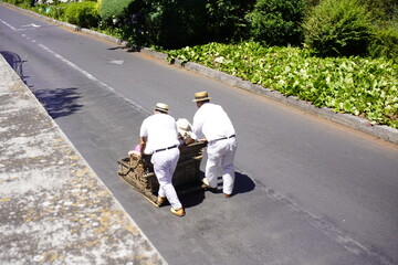 The wicker sledges were originally used in the 19th century as a fast means of transportation for the residents of Monte to reach Funchal. Funchal, Madeira &ndash; Portugal.