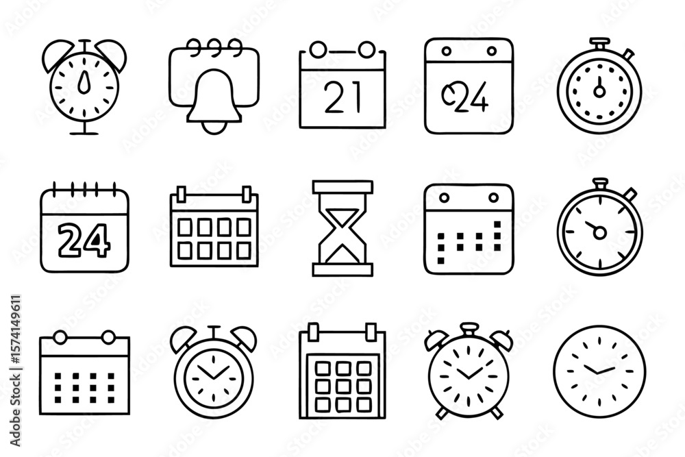Poster comprehensive collection of temporal and scheduling symbols featuring alarm alerts calendar entries 