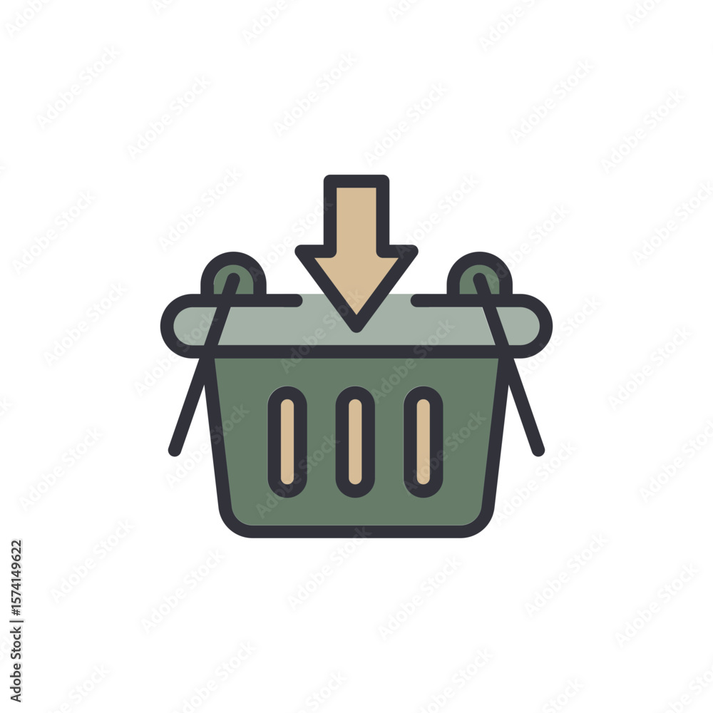 Poster adding product to cart shopping icon with arrow in basket sign