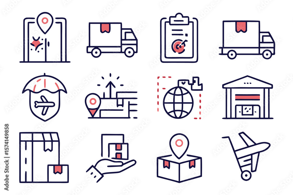 Poster comprehensive collection of clean modern line art symbols representing various aspects of shipping t