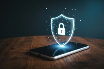 A smartphone on a wooden table with glowing security shield, padlock icon displayed above the phone, ensuring data protection and mobile security.