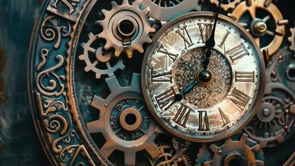 Close-up shot of a mechanical clock's gears and mechanisms