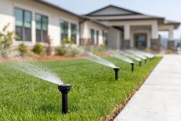 Sprinklers watering a green lawn, in front of a blurred building, on a sunny day, concrete path beside the grass.