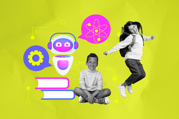 Image full pop trend collage of two happy schoolboy schoolgirl classmates sit book jump robot...