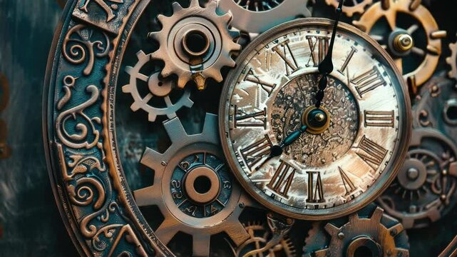 Close-up shot of a mechanical clock's gears and mechanisms