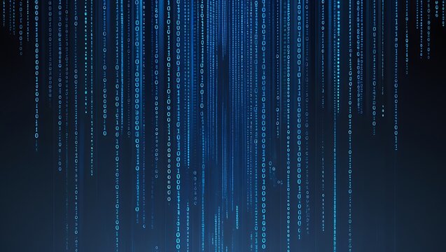 A digital rain of binary code falling down on a dark blue background in a matrix style effect