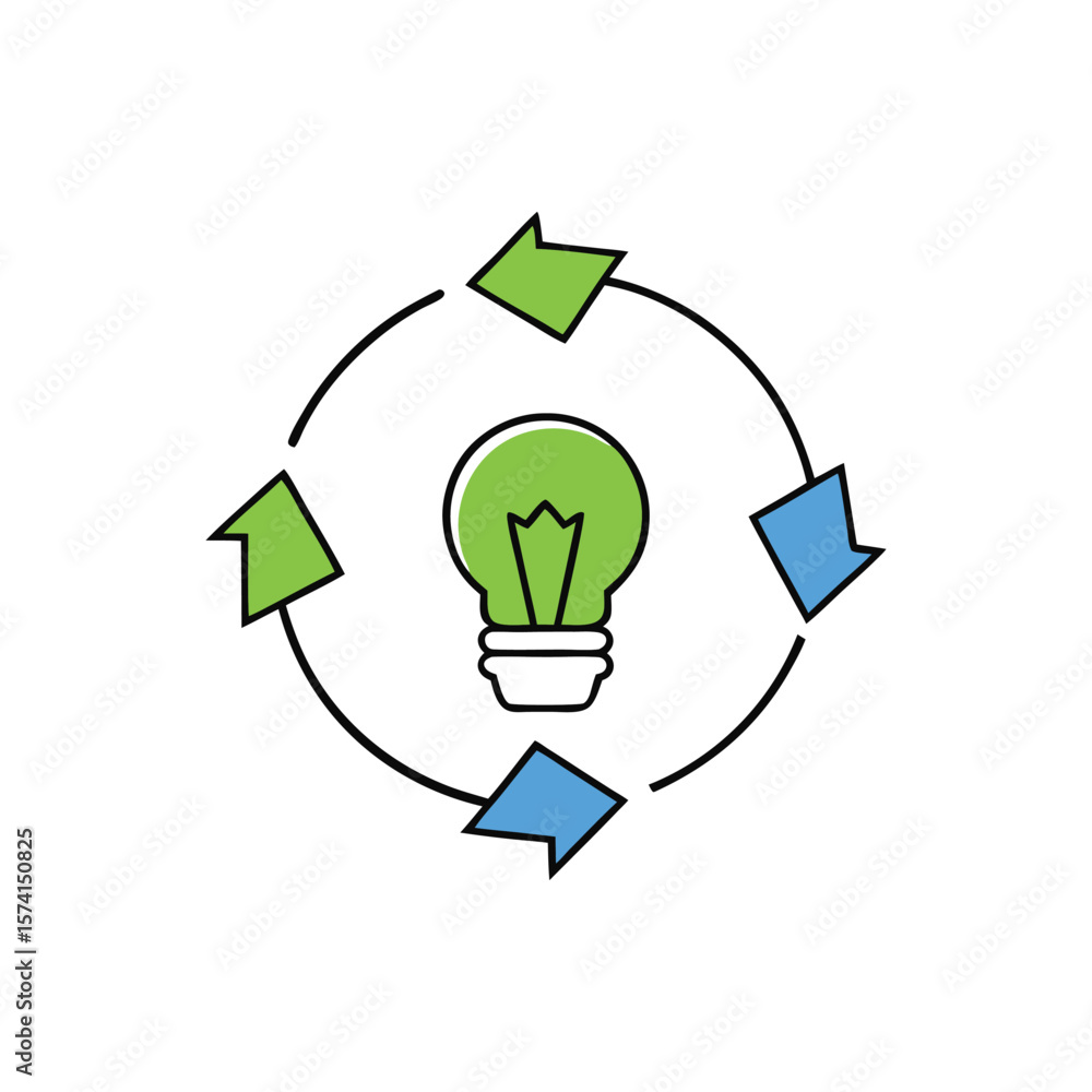 Poster lightbulb in a circular process with green and blue arrows