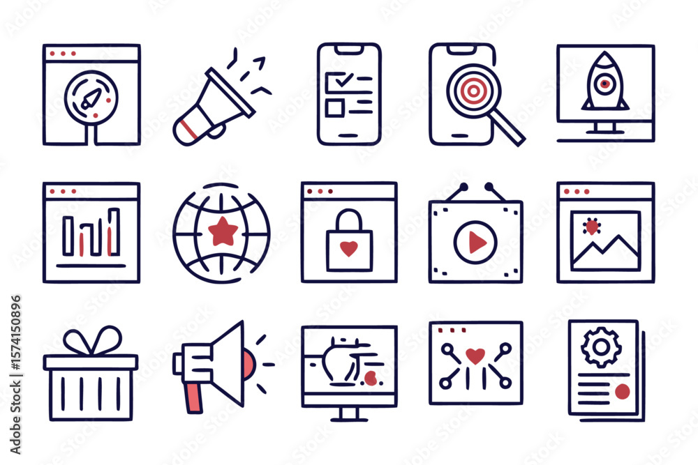 Poster comprehensive collection of clean line art symbols representing various digital marketing concepts a