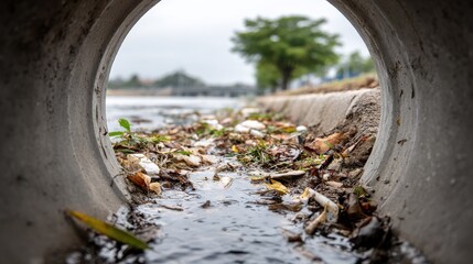 View from inside a drainage pipe with leaves and debris, flowing towards a body of water, visible through the pipe opening.