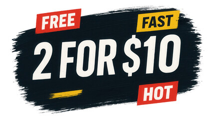 Bold black brushstroke tag featuring "2 FOR $10" with "FREE," "FAST," and "HOT" accents, eye-catching retail promo on transparent background.