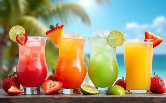A vibrant display of refreshing summer cocktails featuring an array of colors and garnished with fresh fruits, inviting you to enjoy a cool sip on a sunny day. High quality
