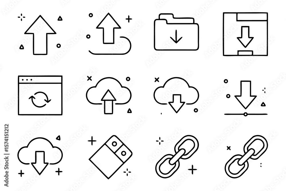 Poster collection of clean minimalist line art symbols for web interfaces featuring upload and download fun