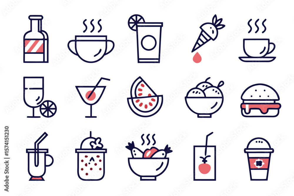 Poster comprehensive collection of beverage and refreshment symbols for menus and branding featuring essent