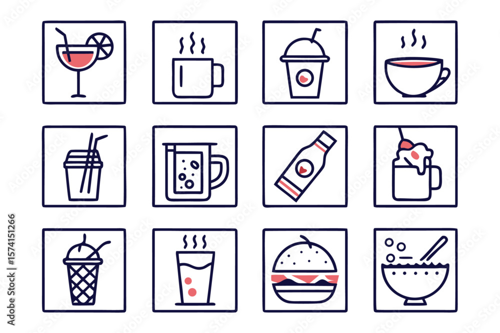 Poster comprehensive collection of beverage and refreshment symbols featuring various drinks juices and ess