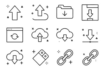 Fototapeta premium Collection of clean minimalist line art symbols for web interfaces featuring upload and download functionality presented in a sleek modern aesthetic with customizable color options