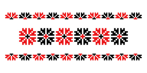 Red black flower embroidery ornaments set, decorative repeated motif from Dnipro region, Ukraine