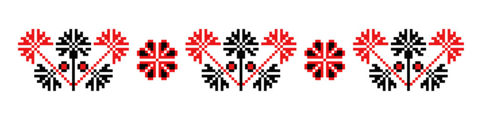 Red and black vyshyvanka ornament pattern from Dnipro region of Ukraine, floral border decor