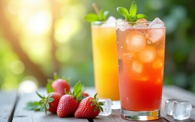 "Iced fruit drinks with mint and ice cubes, condensation on the glass, refreshing summer concept". High quality