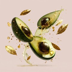 Sliced avocados in mid-air with gold leaf and liquid splash on a soft pink backdrop.