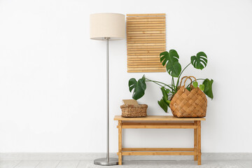 Interior of modern room with bench, floor lamp and Monstera houseplant near white wall