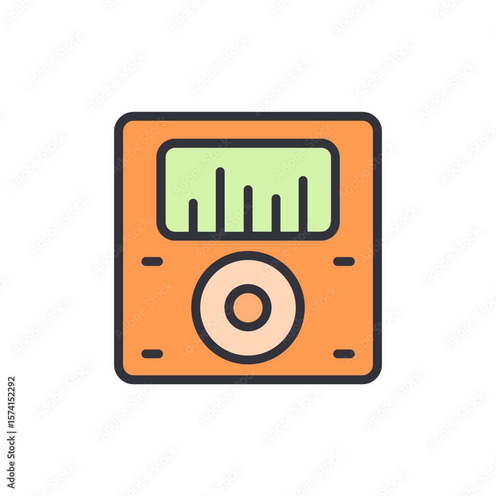 Poster digital music player with circular navigation button and audio display