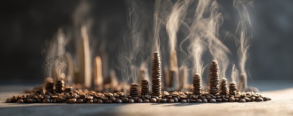 An artistic arrangement of coffee beans forming a city skyline with rising steam.