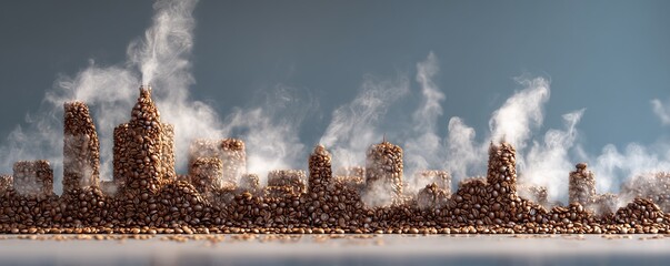 An imaginative cityscape is made of coffee beans, creating a unique and artistic scene.