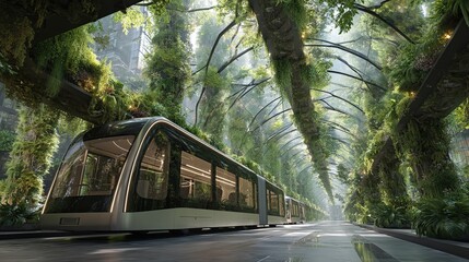 A modern train navigates a tunnel enveloped in vibrant, flourishing plant life.