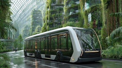 A futuristic, electric bus travels through a vibrant, green, sustainable city.
