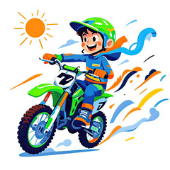 Obraz premium Cute Cartoon Boy Riding Dirt Bike On Isolated White Background, Generative AI