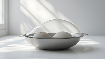 A light grey bowl with two white objects inside and a clear dome cover on a white surface near window