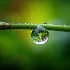 A mesmerizing macro photograph of a water droplet with forest reflections.