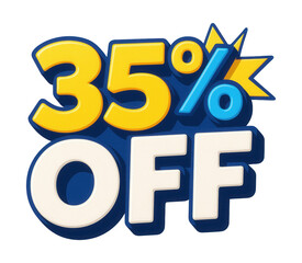 Bold yellow and white 3D bubble sticker with "35% OFF" offer in playful style, vibrant retail discount promo on transparent background.