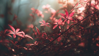 Red maple leaves in soft light. Serene background for nature themes