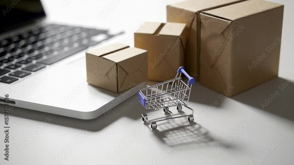 Poster cardboard boxes of various sizes are placed near a miniature shopping cart and a laptop on a white s