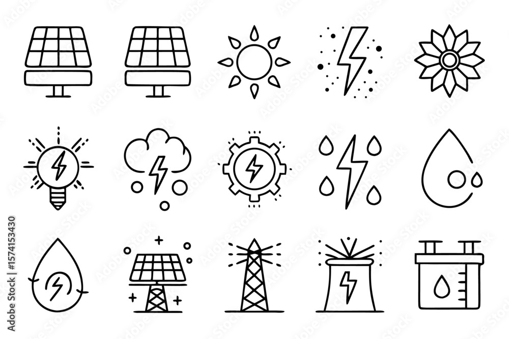 Poster comprehensive collection of clean line art symbols representing various aspects of energy generation