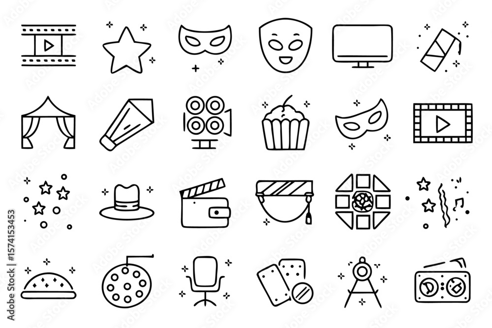 Poster comprehensive collection of streamlined entertainment themed symbols for digital interfaces and crea