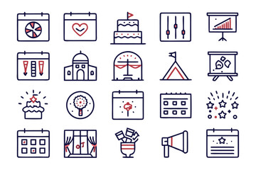 Minimalist linear style collection of essential event planning symbols and graphics perfect for organizational and celebratory themes