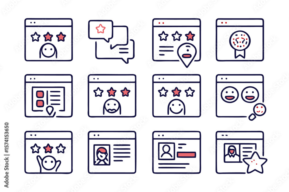Poster a comprehensive collection of clean modern line style graphical elements representing user feedback 