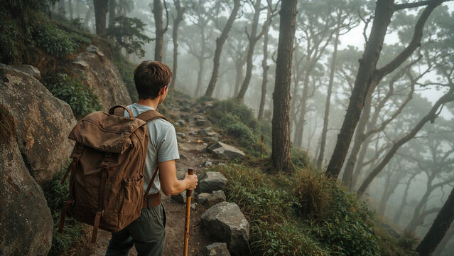 A solo traveler treks a misty, stone-lined trail in Ooty, surrounded by eucalyptus trees and soft golden light—evoking solitude, adventure, and a deep connection with nature in stunning detail.