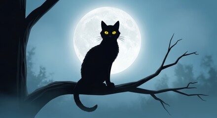 Black Cat with Glowing Eyes in Front of Moon